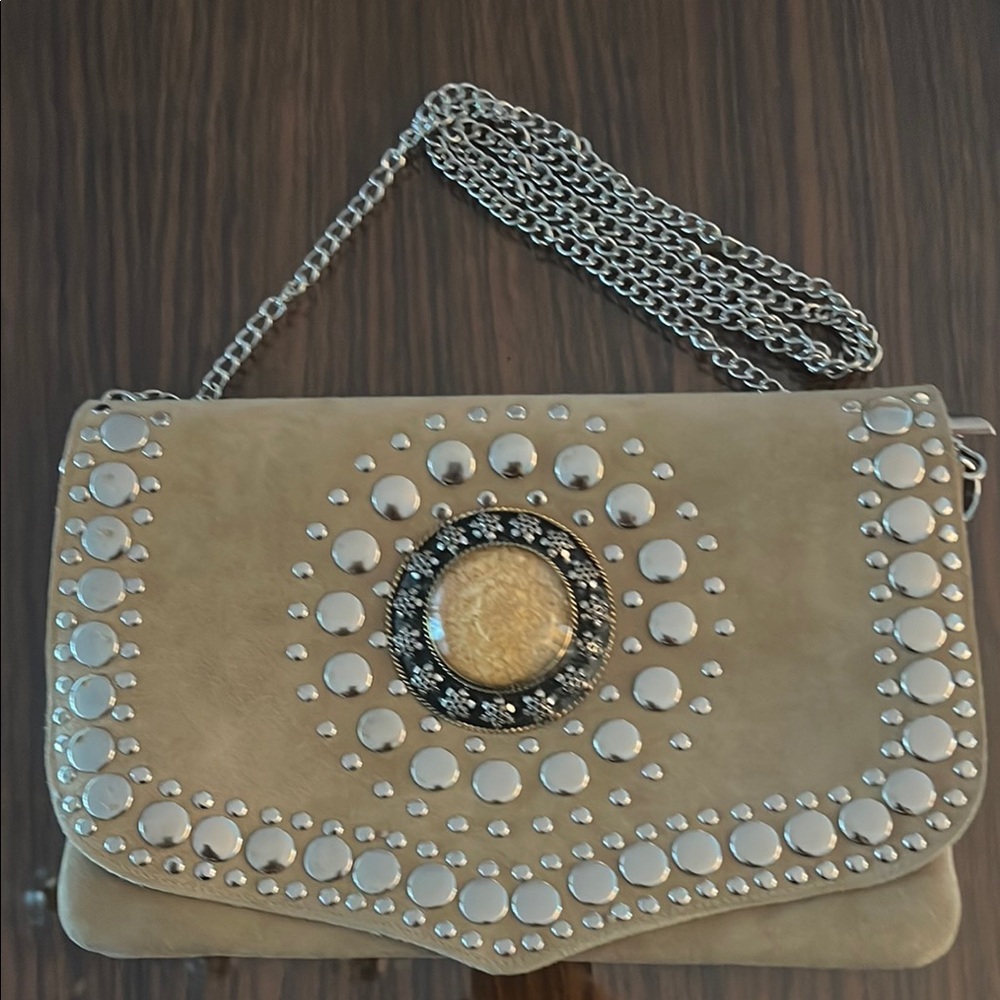 New Suede Studded Beige Chain Shoulder Bag